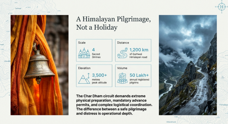Himalayan pilgrimage infographic showing a temple bell draped in saffron cloth on the left and a rugged mountain road on the right, with key stats in the center: 4 sacred shrines, 1,200 km distance, 3,500+ meters elevation, and 50 lakh+ annual pilgrims, emphasizing the physical and logistical challenges of the Char Dham Yatra.
