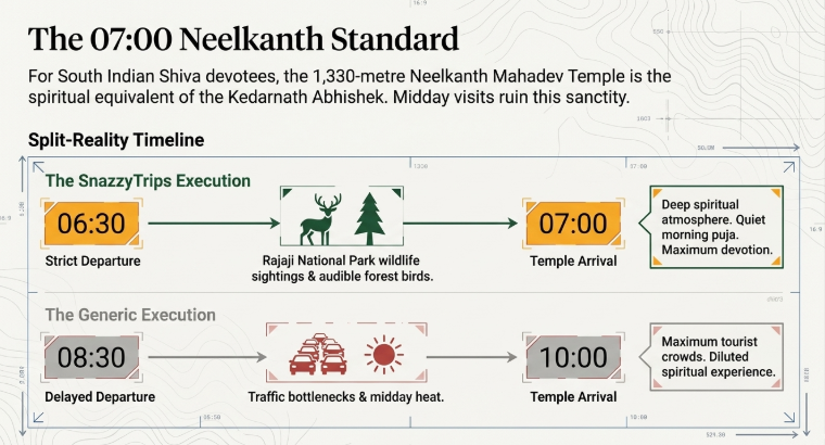 Infographic titled “The 07:00 Neelkanth Standard” comparing optimized pilgrimage timing versus generic travel execution for visits to Neelkanth Mahadev Temple in Rishikesh. The upper timeline, labeled “The SnazzyTrips Execution,” shows a 06:30 strict departure followed by peaceful Rajaji National Park wildlife sightings and arrival at the temple by 07:00 AM for quiet morning puja, deep spiritual atmosphere, and maximum devotion. The lower timeline, labeled “The Generic Execution,” shows an 08:30 delayed departure leading to traffic bottlenecks, midday heat, and a 10:00 AM arrival during peak tourist crowds, resulting in a diluted spiritual experience. The background includes topographic map styling and directional timeline graphics.
