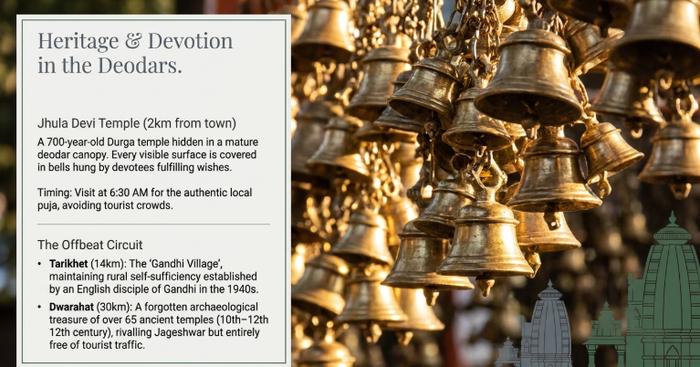 Close-up of brass temple bells at Jhula Devi Temple in Ranikhet, Uttarakhand, symbolizing devotion and wishes, with warm sunlight highlighting the sacred atmosphere under deodar trees.