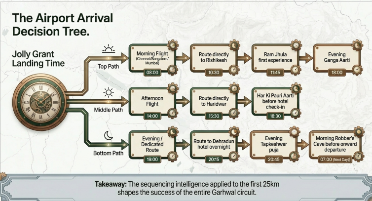 Infographic titled “The Airport Arrival Decision Tree” showing how different flight arrival times at Jolly Grant Airport determine optimized Garhwal travel sequencing. The diagram begins with a central clock icon representing landing time and branches into three travel pathways. The “Top Path” for morning flights from cities like Chennai, Bangalore, and Mumbai routes travelers directly to Rishikesh for a first Ram Jhula experience followed by evening Ganga Aarti. The “Middle Path” for afternoon flights sends travelers directly to Haridwar for the Har Ki Pauri Aarti before hotel check-in. The “Bottom Path” for evening or delayed arrivals leads to a Dehradun hotel overnight stay, followed by evening Tapkeshwar puja and an early next morning Robber’s Cave visit before onward departure. A concluding statement emphasizes that sequencing intelligence applied within the first 25 km after airport arrival shapes the success of the entire Garhwal circuit.
