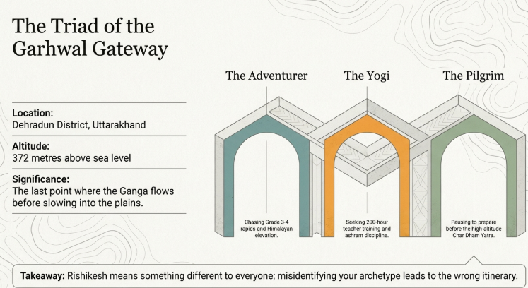 Infographic titled &ldquo;The Triad of the Garhwal Gateway&rdquo; explaining the different identities of Rishikesh as a starting point for Himalayan journeys. On the left, key facts list Location: Dehradun District, Uttarakhand; Altitude: 372 metres above sea level; and Significance: the final point where the Ganga flows rapidly before slowing into the plains.  On the right, three arch-shaped pathways represent distinct traveler archetypes: &ldquo;The Adventurer&rdquo; focused on Grade 3&ndash;4 rapids and Himalayan adventure; &ldquo;The Yogi&rdquo; pursuing extended yoga teacher training and ashram discipline; and &ldquo;The Pilgrim&rdquo; preparing mentally and physically for the high-altitude Char Dham Yatra.