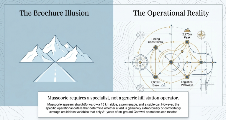 Infographic titled &ldquo;The Brochure Illusion&rdquo; versus &ldquo;The Operational Reality&rdquo; comparing superficial destination marketing with the real complexity of executing high-quality Mussoorie travel experiences. The left side, labeled &ldquo;The Brochure Illusion,&rdquo; shows a simple scenic mountain illustration and open road symbolizing generic hill-station marketing. The right side, labeled &ldquo;The Operational Reality,&rdquo; presents a complex operational diagram with interconnected pathways, timing constraints, peak elevations, logistical routing, and coordination systems, representing the hidden challenges of ground-level travel execution. A text panel at the bottom explains that while Mussoorie may appear straightforward due to its short ridge road and promenade, the difference between an extraordinary and an average experience lies in mastering operational variables through decades of on-ground Garhwal expertise.