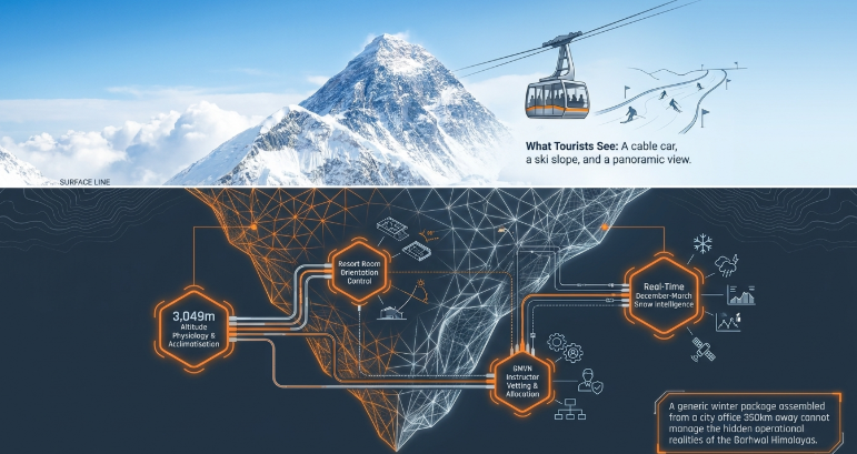 Conceptual infographic comparing the visible tourist experience of a Himalayan ski destination with the complex operational systems hidden beneath the surface. The top section shows a snow-covered mountain, cable car, and ski slope labeled “What Tourists See,” representing the simplified perception of a winter destination. Below the surface line, a detailed network visualization illustrates the unseen operational infrastructure required for successful high-altitude tourism, including altitude acclimatization at 3,049 meters, resort room orientation control, GMVN instructor vetting and allocation, and real-time December–March snow intelligence. A concluding note explains that generic city-based winter packages often fail to manage the hidden operational realities of the Himalayas.