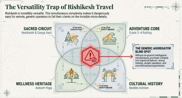 Infographic titled “The Versatility Trap of Rishikesh Travel” explaining how Rishikesh’s diverse travel experiences create hidden logistical challenges for generic operators. The design is divided into four interconnected quadrants: “Sacred Circuit” featuring Neelkanth and Ganga Aarti, “Adventure Core” focused on Grade 3–4 rafting, “Wellness Heritage” highlighting Ashram yoga culture, and “Cultural History” centered around Beatles Ashram. At the center is a red warning symbol representing operational complexity and coordination risks. Additional notes indicate possible “local safety breaches” and “local logistic failures” when itineraries are poorly managed. A highlighted box on the right titled “The Generic Aggregator Blind Spot” warns that without on-ground intelligence, simultaneous travel promises can lead to logistical failures, unsafe operators, mistimed schedules, and overly commercialized experiences.