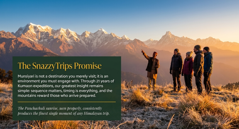 Group of travellers enjoying sunrise over Panchachuli peaks in Munsiyari with golden Himalayan light, highlighting immersive mountain experience and SnazzyTrips travel promise in Uttarakhand.