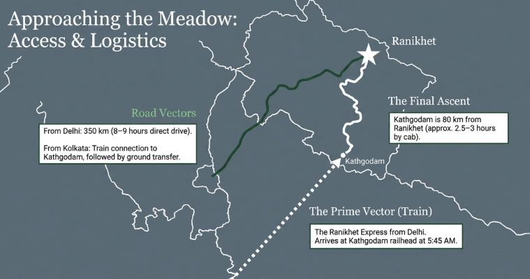 Map showing access routes to Ranikhet in Uttarakhand, highlighting road travel from Delhi, train route to Kathgodam, and the final ascent by road, with key distances and travel times.