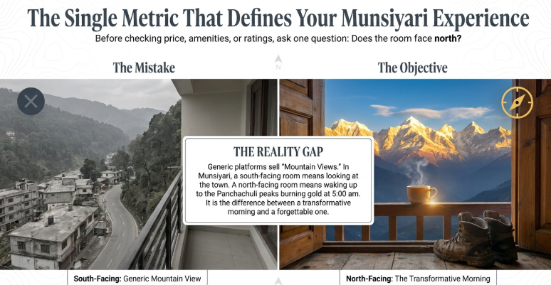 Comparison of south-facing vs north-facing hotel rooms in Munsiyari showing town view versus sunrise view of Panchachuli peaks, highlighting importance of room direction for best Himalayan experience in Uttarakhand.
