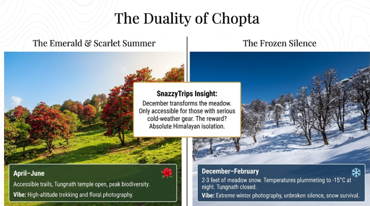 Chopta seasonal contrast showing summer rhododendron bloom and green meadows versus winter snow-covered landscape, highlighting Tungnath trek accessibility and extreme cold conditions in Uttarakhand Himalayas.