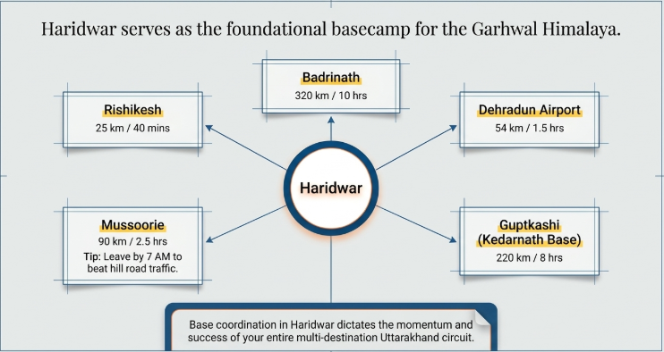 Infographic titled &ldquo;Haridwar serves as the foundational basecamp for the Garhwal Himalaya&rdquo; showing Haridwar as a central travel hub connected to major Uttarakhand destinations including Rishikesh, Badrinath, Dehradun Airport, Guptkashi (Kedarnath Base), and Mussoorie. Each route includes approximate distance and travel time. A note emphasizes that strong planning and coordination in Haridwar shape the success of a multi-destination Uttarakhand journey.