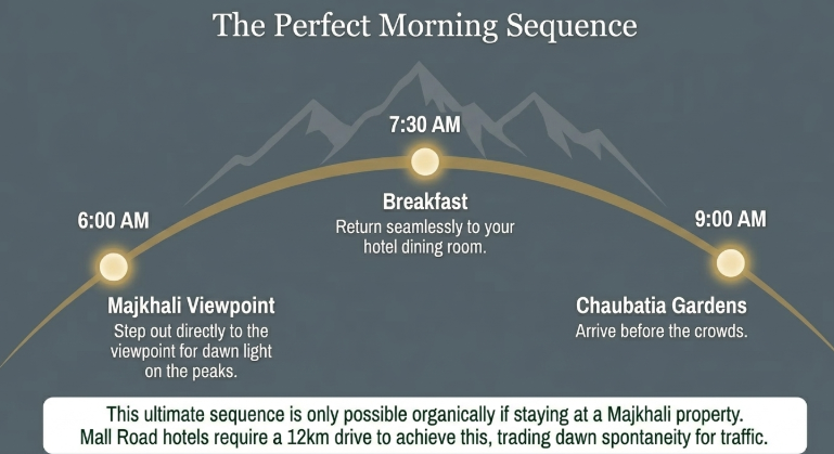 Infographic titled &ldquo;The Perfect Morning Sequence&rdquo; illustrating an ideal Ranikhet morning itinerary starting with a 6:00 AM sunrise at Majkhali Viewpoint, followed by breakfast at 7:30 AM, and a visit to Chaubatia Gardens by 9:00 AM. The graphic emphasizes that this seamless experience is easiest when staying in a Majkhali property, while Mall Road hotels require a 12 km drive that can reduce early-morning flexibility.