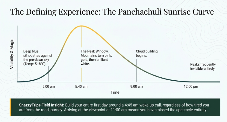 Panchachuli sunrise timing graph in Munsiyari showing peak viewing window at 5:40 am with pink and golden mountain glow, early silhouettes at 5:00 am, and reduced visibility after 9:00 am due to cloud formation in Uttarakhand Himalayas.