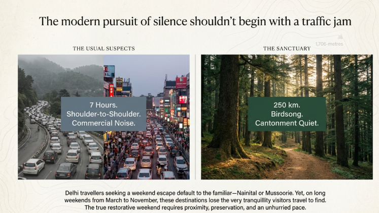 Comparison travel infographic contrasting crowded commercial hill stations with a quieter forest retreat experience. The title reads, “The modern pursuit of silence shouldn’t begin with a traffic jam.” The left panel, labeled “The Usual Suspects,” shows heavy traffic congestion and crowded urban streets with text highlighting long travel times, shoulder-to-shoulder crowds, and commercial noise. The right panel, labeled “The Sanctuary,” shows a peaceful forest trail surrounded by tall pine trees with sunlight filtering through, emphasizing a shorter 250 km journey, birdsong, and cantonment quiet. Supporting text explains how many Delhi weekend travellers seek tranquillity but often end up in overcrowded destinations, while quieter forest hill stations offer a more restorative escape.