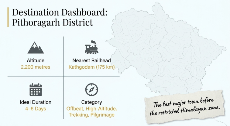 Destination dashboard of Pithoragarh District showing altitude (2,200 metres), nearest railhead Kathgodam (175 km), ideal duration (4&ndash;6 days), and category as offbeat high-altitude trekking and pilgrimage destination in Uttarakhand Himalayas.