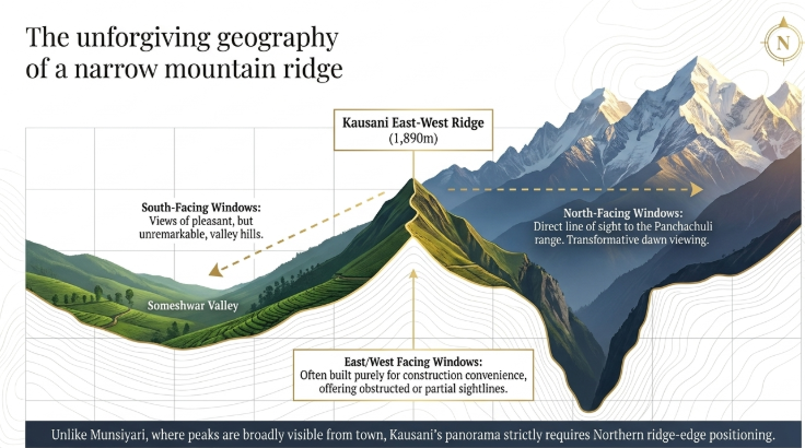 Illustration of Kausani’s east-west ridge geography showing why north-facing hotel rooms offer direct Himalayan views of Panchachuli peaks, while south and east-west facing rooms have limited or obstructed views.