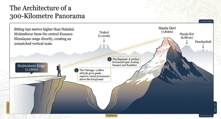 Illustrated infographic titled &ldquo;The Architecture of a 300-Kilometre Panorama&rdquo; explaining Mukteshwar&rsquo;s elevated Himalayan viewpoint. A figure stands on Mukteshwar Ridge at 2,286 metres overlooking a vast mountain panorama. Major Himalayan peaks including Trishul (7,120m), Nanda Devi (7,816m), Nanda Kot (6,861m), and Panchachuli are labeled in the distance. The graphic highlights Mukteshwar&rsquo;s higher altitude compared to Nainital and its unobstructed 300km horizontal Himalayan view across central Kumaon. The design uses soft mountain tones, contour-map background elements, and annotated callout boxes.