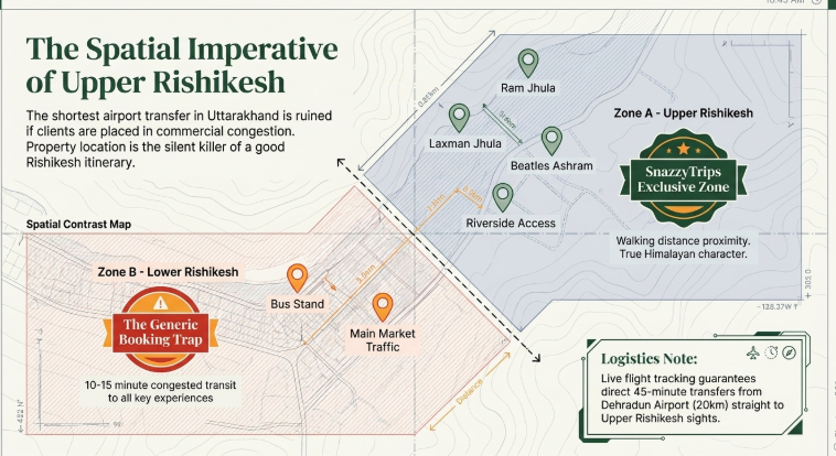 The Spatial Imperative of Upper Rishikesh” explaining how hotel location dramatically affects the quality of a Rishikesh itinerary. The graphic compares two zones on a stylized map. “Zone A – Upper Rishikesh” highlights premium areas near Ram Jhula, Laxman Jhula, Beatles Ashram, and riverside access, labeled as the “SnazzyTrips Exclusive Zone” with walking-distance proximity and authentic Himalayan character. “Zone B – Lower Rishikesh” is marked as “The Generic Booking Trap,” showing congested areas near the bus stand and main market traffic, resulting in 10–15 minute transit delays to key experiences. A logistics note explains that live flight tracking guarantees direct airport transfers from Dehradun Airport to Upper Rishikesh accommodations.