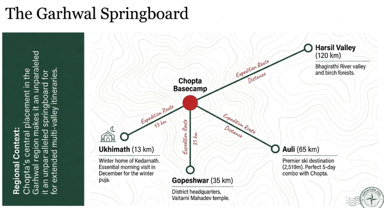 Chopta basecamp connectivity map showing routes to Ukhimath, Gopeshwar, Auli, and Harsil Valley, highlighting its strategic location for multi-destination travel in the Garhwal Himalayas of Uttarakhand.