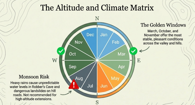 Infographic titled &ldquo;The Altitude and Climate Matrix&rdquo; showing a circular seasonal calendar for Dehradun&rsquo;s climate conditions. The chart highlights golden travel windows in March, October, and November for stable weather and pleasant conditions. A monsoon risk warning marks July&ndash;August, noting heavy rains, unpredictable water levels, and landslide dangers that affect attractions and hill travel. The visual emphasizes seasonal planning for valley and Himalayan extension trips.