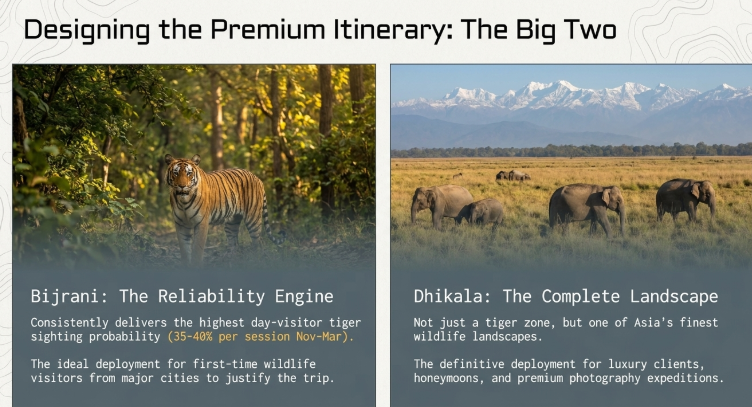 Comparison infographic titled “Designing the Premium Itinerary: The Big Two” showcasing two premier safari zones in Jim Corbett National Park. The left panel features Bijrani zone with a tiger walking through dense forest, described as “The Reliability Engine” known for consistent tiger sightings and ideal for first-time wildlife travelers. The right panel highlights Dhikala zone with elephants grazing in expansive grasslands against a Himalayan backdrop, described as “The Complete Landscape” suited for luxury travelers, honeymooners, and premium wildlife photography expeditions.