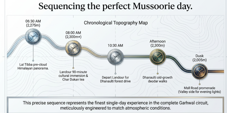 Infographic titled &ldquo;Sequencing the perfect Mussoorie day&rdquo; presenting a chronological topography-based itinerary designed around atmospheric conditions and elevation changes. The visual timeline begins at 06:30 AM at Lal Tibba (2,275m) for a pre-cloud Himalayan panorama, followed by an 08:00 AM arrival in Landour (2,300m+) for a 90-minute cultural immersion and tea at Char Dukan. At 10:30 AM, the route transitions toward Dhanaulti for a forest drive, leading into an afternoon experience among old-growth deodar forests at 2,300m elevation. The day concludes at dusk back in Mussoorie (2,005m) with a Mall Road promenade on the valley-facing side to enjoy evening lights. A concluding statement explains that this sequence is engineered to create the finest single-day experience in the Garhwal circuit by aligning travel flow with optimal atmospheric conditions.