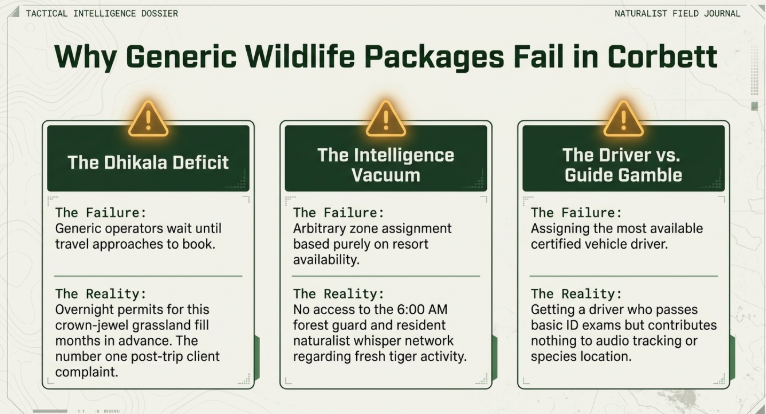 Educational infographic titled “Why Generic Wildlife Packages Fail in Corbett” explaining common operational failures in Jim Corbett wildlife tourism. The design presents three warning-style panels: “The Dhikala Deficit,” “The Intelligence Vacuum,” and “The Driver vs. Guide Gamble.” Each section contrasts the failures of generic operators—such as delayed bookings, random safari zone assignments, and reliance on basic drivers—with the operational realities of successful wildlife experiences, including early permit planning, local forest intelligence, and expert wildlife tracking knowledge. The visual style resembles a tactical field journal with forest-themed graphics and caution icons.