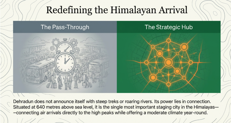 Infographic titled &ldquo;Redefining the Himalayan Arrival&rdquo; contrasting Dehradun as a simple pass-through point versus a strategic travel hub. The left panel, &ldquo;The Pass-Through,&rdquo; depicts busy transit movement, while the right panel, &ldquo;The Strategic Hub,&rdquo; shows a connected network map symbolizing coordination and access. Supporting text explains that Dehradun, at 640 metres elevation, serves as a key Himalayan staging city, linking air arrivals to mountain destinations with a moderate year-round climate.