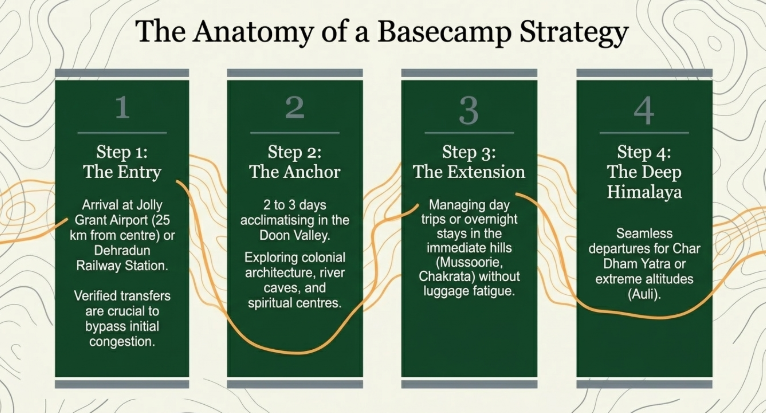 Infographic titled &ldquo;The Anatomy of a Basecamp Strategy&rdquo; outlining a four-step travel approach using Dehradun as a Himalayan basecamp. The steps include Entry (arrival via Jolly Grant Airport or railway station), Anchor (2&ndash;3 days acclimatising and exploring the Doon Valley), Extension (short trips to nearby hill destinations like Mussoorie and Chakrata), and Deep Himalaya (departures for Char Dham or high-altitude destinations like Auli). The graphic emphasizes staged travel planning for smoother Himalayan journeys.