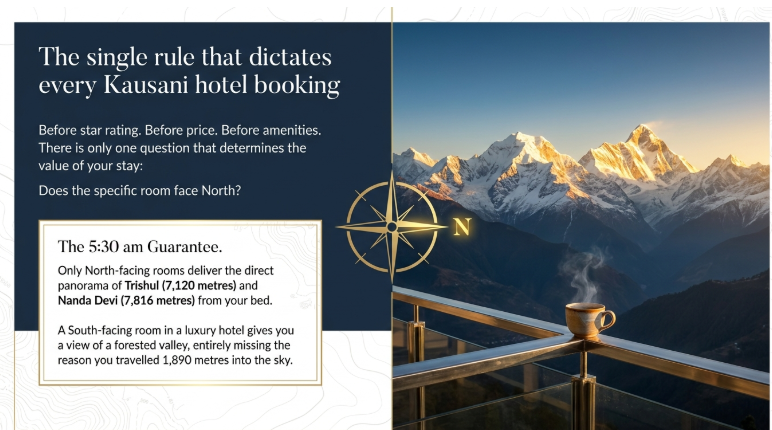 Luxury balcony view in Kausani overlooking snow-capped Himalayan peaks at sunrise, highlighting the importance of north-facing hotel rooms for views of Trishul and Nanda Devi.