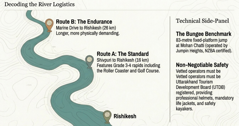 Infographic titled &ldquo;Decoding the River Logistics&rdquo; comparing two rafting routes to Rishikesh &mdash; Route A (Shivpuri to Rishikesh, 16 km) and Route B (Marine Drive to Rishikesh, 26 km). A side panel highlights an 83-metre bungee jump at Mohan Chatti and emphasizes UTDB-registered operators, helmets, life jackets, and safety kayakers.