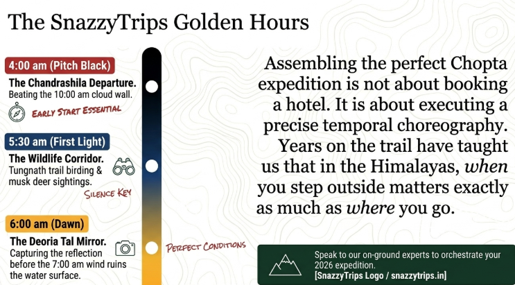 Chopta golden hours timeline showing ideal travel schedule with 4:00 am Chandrashila departure, 5:30 am wildlife viewing at Tungnath trail, and 6:00 am Deoria Tal reflection, emphasizing timing strategy for Himalayan experiences in Uttarakhand.
