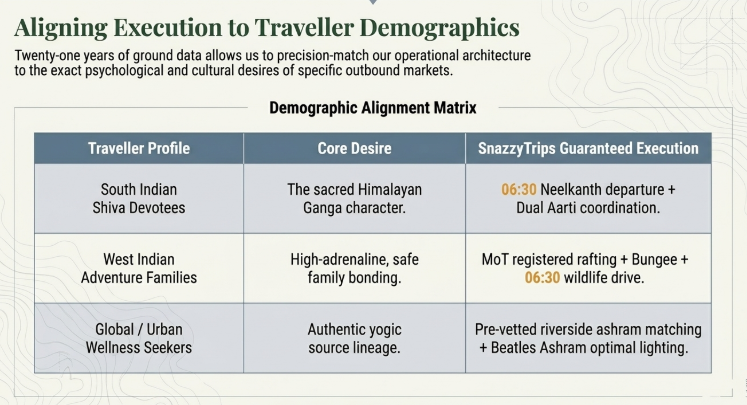 Infographic titled “Aligning Execution to Traveller Demographics” explaining how two decades of ground-level travel operations are tailored to different traveler profiles and cultural expectations. The central “Demographic Alignment Matrix” compares traveler types, their core desires, and the corresponding SnazzyTrips execution strategy. For South Indian Shiva devotees, the focus is on sacred Himalayan Ganga experiences with guaranteed 06:30 Neelkanth departures and dual aarti coordination. For West Indian adventure families, the emphasis is on safe, high-adrenaline bonding experiences through Ministry of Tourism registered rafting, bungee activities, and early morning wildlife drives. For global and urban wellness seekers, the itinerary prioritizes authentic yogic lineage through pre-vetted riverside ashrams and optimized Beatles Ashram experiences. The design uses a structured table layout with a clean topographic background.