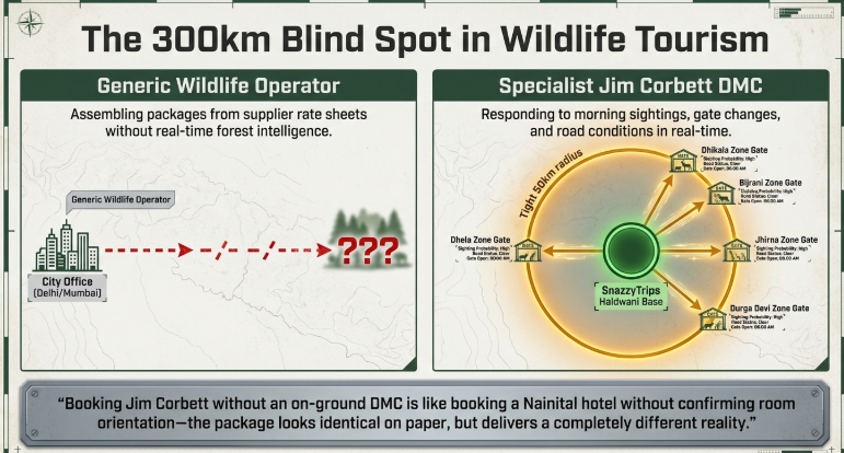 Comparison infographic titled “The 300km Blind Spot in Wildlife Tourism” contrasting generic wildlife tour operators with a specialist Jim Corbett destination management company (DMC). The left side illustrates a city-based operator in Delhi/Mumbai attempting to manage wildlife tourism remotely without real-time forest intelligence, symbolized by a broken route ending in uncertainty. The right side highlights a Haldwani-based specialist DMC coordinating closely with multiple Jim Corbett safari gates including Dhikala, Bijrani, Jhirna, Dhela, and Durga Devi zones within a 50 km operational radius. A concluding statement emphasizes that wildlife packages may appear identical on paper but deliver vastly different experiences depending on on-ground execution and local expertise.