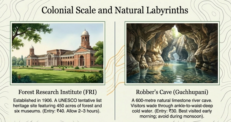 Infographic titled &ldquo;Colonial Scale and Natural Labyrinths&rdquo; featuring two major attractions in Dehradun. The left panel highlights the Forest Research Institute (FRI), a historic 1906 campus and UNESCO tentative heritage site known for its grand colonial architecture, forests, and museums. The right panel showcases Robber&rsquo;s Cave (Guchhupani), a natural limestone river cave where visitors walk through shallow cold water, with notes on entry fees and recommended visiting times.