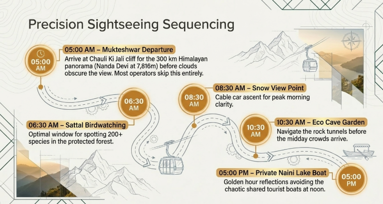 Timeline-style infographic illustrating a strategically planned Nainital sightseeing itinerary for optimal experiences throughout the day. The route begins with a 5:00 AM departure to Mukteshwar for Himalayan sunrise views, followed by early morning birdwatching at Sattal, a cable car ride to Snow View Point, and a crowd-free visit to Eco Cave Garden. The itinerary ends with a private evening boat ride on Naini Lake during golden hour. Visual elements include winding route graphics, mountain sketches, cable cars, and time markers emphasizing precision travel sequencing.