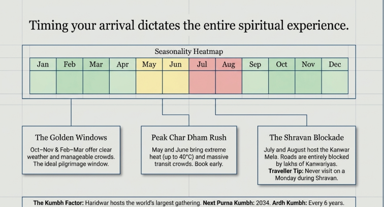 Infographic titled &ldquo;Timing your arrival dictates the entire spiritual experience&rdquo; showing a seasonality heatmap for Haridwar across the year. It highlights golden travel windows (Feb&ndash;Mar and Oct&ndash;Nov) with pleasant weather and manageable crowds, peak Char Dham rush (May&ndash;June) with heat and heavy transit traffic, and the Shravan blockade (July&ndash;August) marked by Kanwar Yatra crowds, road restrictions, and travel cautions. A note mentions the Kumbh cycle and future pilgrimage events.