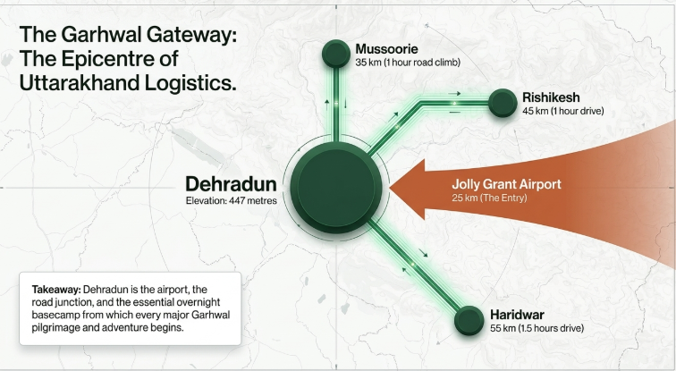 Infographic titled “The Garhwal Gateway: The Epicentre of Uttarakhand Logistics” illustrating Dehradun’s strategic role as the central hub connecting major Garhwal destinations. A map-style layout places Dehradun at the center with directional routes extending toward Mussoorie (35 km, 1-hour road climb), Rishikesh (45 km, 1-hour drive), and Haridwar (55 km, 1.5-hour drive). An orange directional marker highlights Jolly Grant Airport as the primary entry point located 25 km away. A text box at the bottom explains that Dehradun is not just an airport stop, but the essential overnight basecamp and road junction from which major pilgrimage and adventure circuits across Garhwal begin. The design uses glowing route pathways, topographic map textures, and centralized hub-and-spoke visuals to emphasize Dehradun’s logistical importance.