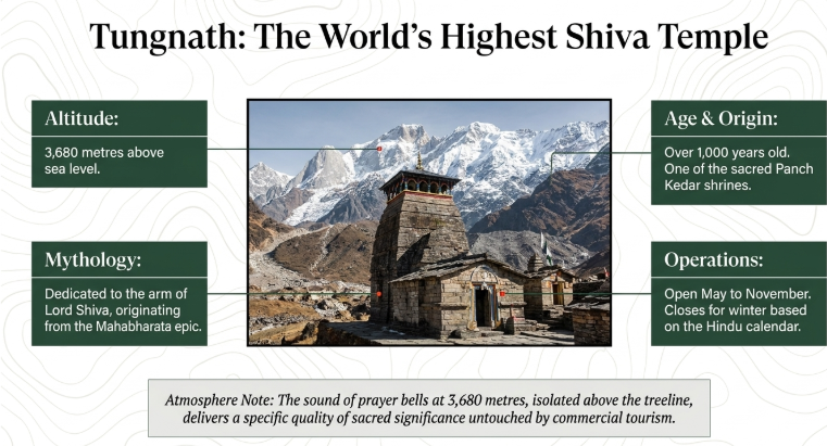 Tungnath Temple, the world&rsquo;s highest Shiva temple at 3,680 metres in Uttarakhand, with Himalayan peaks in the background, highlighting its Panch Kedar significance, mythology, and high-altitude pilgrimage experience.