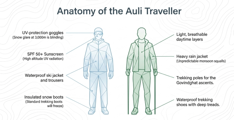 Infographic titled &ldquo;Anatomy of the Auli Traveller&rdquo; illustrating recommended clothing and gear for winter and trekking travel in Auli. The winter setup includes UV-protection goggles, SPF 50+ sunscreen, waterproof ski clothing, and insulated snow boots for snow and high-altitude conditions. The trekking setup highlights light layers, a heavy rain jacket, trekking poles, and waterproof hiking shoes for mountain trails and unpredictable weather. The graphic emphasizes practical preparation for Auli&rsquo;s changing alpine environments.