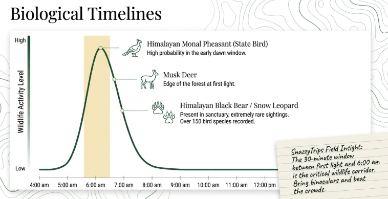 Wildlife activity timeline in Chopta showing peak sightings at dawn between 5:30&ndash;6:00 am, featuring Himalayan monal pheasant, musk deer, and rare species like Himalayan black bear and snow leopard in Uttarakhand forests.