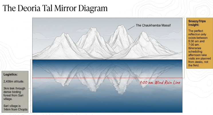 Deoria Tal reflection diagram showing Chaukhamba peaks mirrored in the lake, highlighting best viewing time before 7:00 am before wind disturbs the surface, with trek access details from Sari village in Uttarakhand.