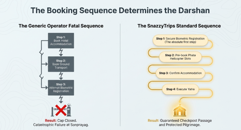 Infographic titled “The Booking Sequence Determines the Darshan” comparing a flawed generic pilgrimage booking process with the optimized SnazzyTrips operational sequence for Kedarnath Yatra. The left side, labeled “The Generic Operator Fatal Sequence,” shows a process where hotel accommodation and ground transport are booked before attempting biometric registration, leading to a failed pilgrimage when government visitor caps close registrations at Sonprayag. The right side, labeled “The SnazzyTrips Standard Sequence,” outlines a correct four-step process: first securing biometric registration, then pre-booking Phata helicopter slots, confirming accommodation afterward, and finally executing the yatra. The final outcome promises guaranteed checkpoint passage and a protected pilgrimage experience. The design uses contrasting dark and gold process flows with structured sequencing visuals and topographic map-style background graphics.