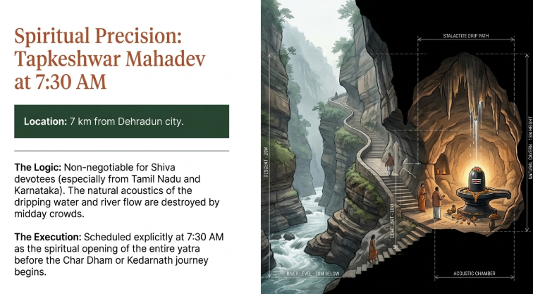 Infographic titled “Spiritual Precision: Tapkeshwar Mahadev at 7:30 AM” highlighting the importance of early morning temple visits in Dehradun for Shiva devotees. The left section explains that Tapkeshwar Mahadev Temple is located 7 km from Dehradun city and emphasizes the spiritual logic behind a strict 7:30 AM visit timing, especially for pilgrims from Tamil Nadu and Karnataka. The text notes that the natural acoustics of dripping cave water and flowing river sounds are lost once midday crowds arrive. It also explains that the temple visit is intentionally sequenced as the spiritual opening of the Char Dham or Kedarnath journey. The right side features a dramatic artistic illustration of the cave temple environment, showing narrow rock canyons, stairways, a flowing river below, and a glowing Shiva lingam inside a stalactite cave chamber with annotated geological and acoustic details.