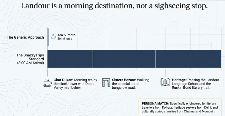 Infographic titled &ldquo;Landour is a morning destination, not a sightseeing stop&rdquo; comparing a rushed generic visit with the immersive SnazzyTrips approach to exploring Landour in Mussoorie. The top section labeled &ldquo;The Generic Approach&rdquo; shows a brief 20-minute tea and photo stop. The lower section, labeled &ldquo;The SnazzyTrips Standard (8:00 AM Arrival),&rdquo; presents a longer curated morning experience including tea at Char Dukan overlooking the Doon Valley mist, a walking exploration of Sisters Bazaar with colonial stone bungalow roads, and a literary heritage trail connected to the Landour Language School and author Ruskin Bond. A highlighted &ldquo;Persona Match&rdquo; note explains that the experience is specifically designed for literary travelers from Kolkata, heritage seekers from Delhi, and culturally curious families from Chennai and Mumbai. The background features subtle contour-map style graphics and a structured timeline layout.