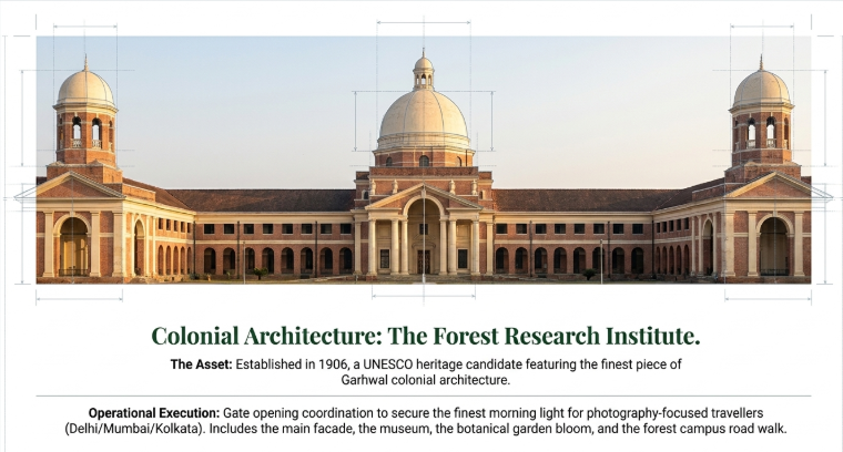 Infographic titled “Colonial Architecture: The Forest Research Institute” showcasing the grand symmetrical facade of the Forest Research Institute in Dehradun. The image features the institute’s expansive colonial-era architecture with a large central dome, arched corridors, and twin tower structures, overlaid with technical blueprint-style measurement lines emphasizing architectural precision and symmetry. Supporting text explains that the institute, established in 1906, is a UNESCO heritage candidate and one of the finest examples of Garhwal colonial architecture. An operational note at the bottom describes coordinated gate-opening timing to capture the best morning light for photography-focused travelers from cities such as Delhi, Mumbai, and Kolkata, while also including the museum, botanical gardens, and forest campus road walk as part of the experience.