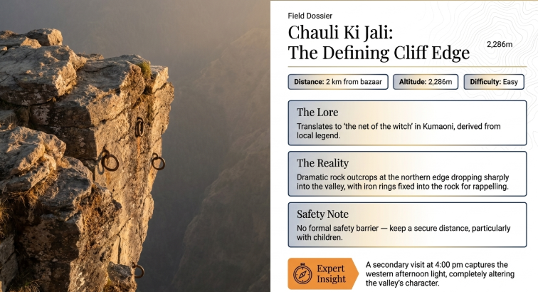 Informational travel graphic about Chauli Ki Jali in Mukteshwar, Uttarakhand. The left side features a dramatic cliff edge with iron rings fixed into the rock for rappelling, overlooking a deep valley in warm evening light. The right side contains a field dossier-style panel titled &ldquo;Chauli Ki Jali: The Defining Cliff Edge,&rdquo; listing details such as altitude (2,286m), distance from bazaar (2 km), and easy difficulty level. Sections explain the local legend behind the name, the cliff&rsquo;s geological reality, and a safety note advising visitors to keep distance from the edge. An expert tip recommends visiting around 4:00 pm for the best western afternoon lighting.