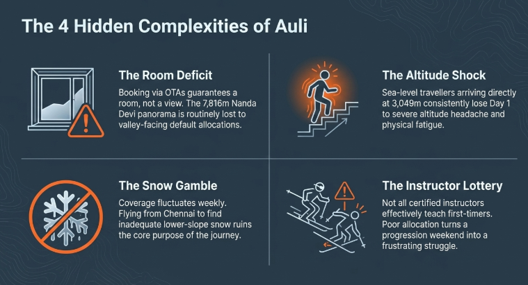 Infographic titled “The 4 Hidden Complexities of Auli” explaining operational challenges commonly overlooked in Himalayan ski tourism. The design is divided into four sections with warning-style icons and illustrations. “The Room Deficit” discusses how generic hotel bookings often fail to guarantee mountain-facing Nanda Devi views. “The Altitude Shock” highlights the physical impact of arriving directly at Auli’s 3,049-meter altitude. “The Snow Gamble” explains how inconsistent lower-slope snow coverage can affect ski experiences. “The Instructor Lottery” focuses on the importance of properly allocated ski instructors, noting that poor instruction can negatively impact beginner travelers. The dark-themed visual uses mountain contour graphics and orange-accented caution icons to emphasize operational risks in winter travel planning.