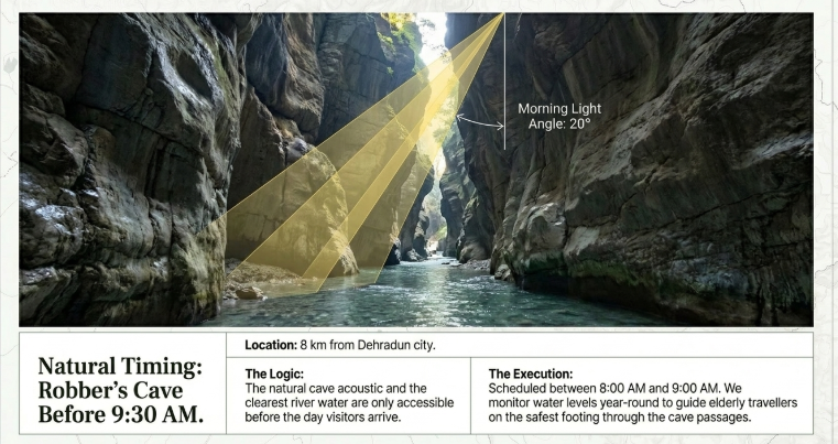 Infographic titled “Natural Timing: Robber’s Cave Before 9:30 AM” emphasizing the importance of early morning visits to Robber’s Cave near Dehradun. The main image shows a dramatic narrow canyon with shallow flowing water and steep rock walls illuminated by angled morning sunlight entering from above at a marked 20-degree angle. Informational panels at the bottom explain that the site is located 8 km from Dehradun city and that the clearest river water and best cave acoustics are only available before daytime crowds arrive. The execution note states that visits are scheduled between 8:00 AM and 9:00 AM, with river water levels monitored year-round to guide elderly travelers safely through the cave passages. The design combines natural photography, light-angle annotations, and operational timing details to highlight precision-based travel sequencing.