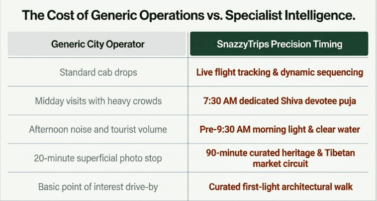 Infographic titled “The Cost of Generic Operations vs. Specialist Intelligence” comparing the limitations of generic city tour operators with the precision-based execution of SnazzyTrips. The left column, “Generic City Operator,” lists common shortcomings such as standard cab drops, crowded midday visits, noisy afternoon sightseeing, rushed 20-minute photo stops, and basic drive-by experiences. The right column, “SnazzyTrips Precision Timing,” highlights optimized travel sequencing including live flight tracking with dynamic scheduling, dedicated 7:30 AM Shiva devotee puja timing, pre-9:30 AM visits for clear water and morning light, 90-minute curated heritage and Tibetan market circuits, and first-light architectural walks. The design uses a clean side-by-side comparison table with green branding accents to emphasize the value of specialist operational intelligence over generic sightseeing execution.