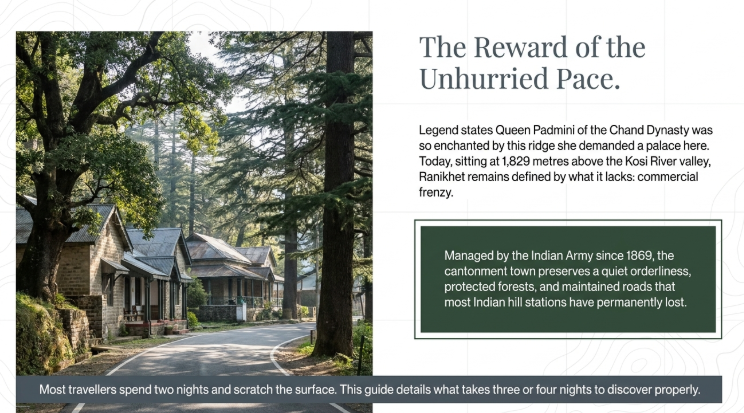 Peaceful colonial cottages along a tree-lined road in Ranikhet, Uttarakhand, surrounded by dense pine forest, showcasing the calm and heritage charm of this quiet hill station.
