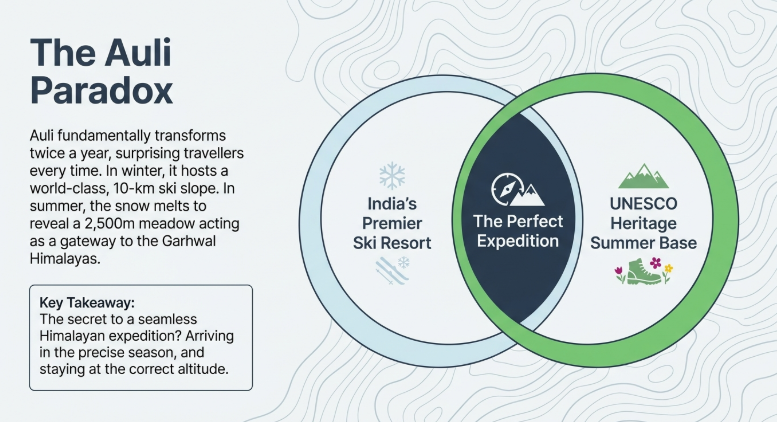 Infographic titled &ldquo;The Auli Paradox&rdquo; explaining how Auli changes dramatically by season. In winter, it is presented as India&rsquo;s premier ski resort, while in summer it becomes a UNESCO heritage summer base with alpine meadows and Himalayan access. A Venn diagram highlights the overlap as &ldquo;The Perfect Expedition.&rdquo; A key takeaway emphasizes that a successful Himalayan journey depends on choosing the right season and staying at the correct altitude.